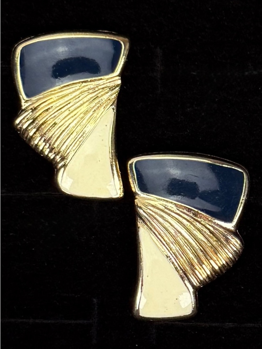 Goldton Vintage Earrings with Cream Navy Accent